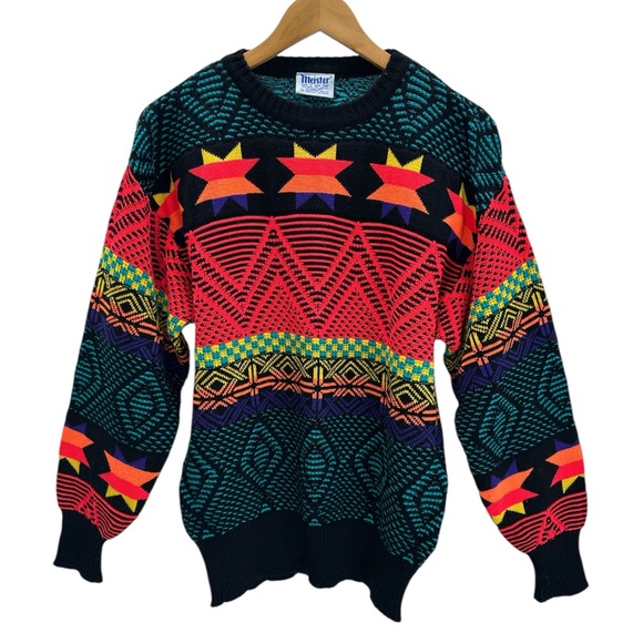 Vintage Meister Wool Blend Sweater Abstract Geometric Retro 80s Apres Ski M - Picture 1 of 9